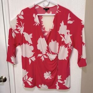 Alfani blouse faux wrap 3/4 sleeve flower print white pink Sz 2X excellent used
